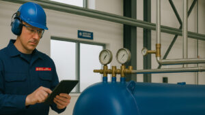 Engineer conducting a PSSR inspection of a compressed air receiver – Beds Compressor Service